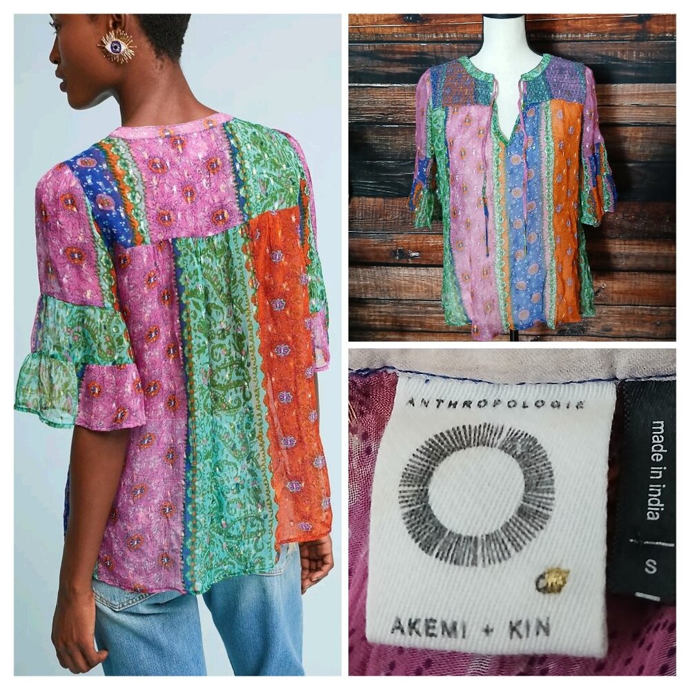 Anthropologie Akemi + Kin Peasant Top S Sheer Lyocell Bell Sleeve Patchwork
